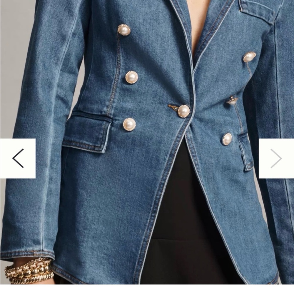 Avec Les Filles Blue Denim Double-Breasted Blazer with Pearl Buttons